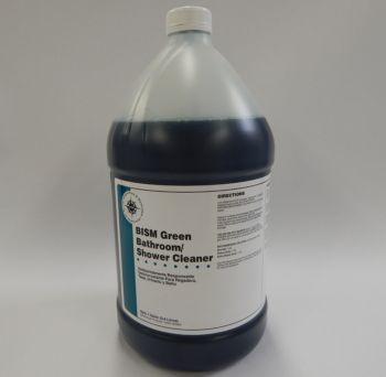 clear jug with dark blue liquid inside, white label with blue stripe - BISM Green Bathroom/Shower Cleaner